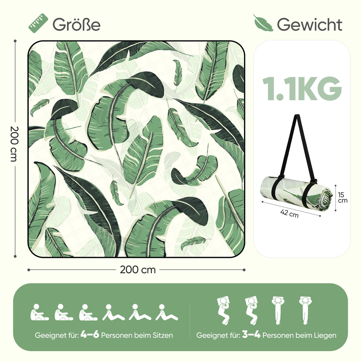 Sekey Picknickdecke Wasserdicht bananenblatt muster, mit den Blättern, Sandfreie Stranddecke mit PEVA-Unterseite & Tragegurt für Picknick, Camping und Strand