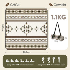Sekey Picknickdecke Wasserdicht 200x200 cm – Sandfreie Stranddecke im Retro Bohemian Beige Design, PEVA-Unterseite & Tragegurt für Picknick, Camping und Strand