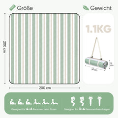 Sekey Picknickdecke Wasserdicht – Sandfreie Stranddecke mit Klassischem Streifenmuster in Hellgrün, Hellbraun & Weiß, PEVA-Unterseite & Tragegurt für Picknick, Camping und Strand