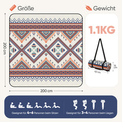 Sekey Picknickdecke Wasserdicht 200x200 cm – Sandfreie Stranddecke im Bunte Bohemian Design, PEVA-Unterseite & Tragegurt für Picknick, Camping und Strand