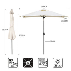 Rectangular parasol 300 x 200 cm garden umbrella with LED solar lighting