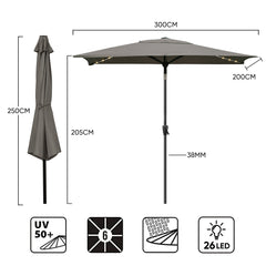 Rectangular parasol 300 x 200 cm garden umbrella with LED solar lighting