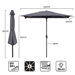 Rectangular parasol 300 x 200 cm garden umbrella with LED solar lighting