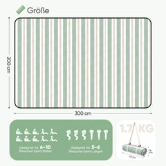 Sekey Picknickdecke Wasserdicht – Sandfreie Stranddecke mit Klassischem Streifenmuster in Hellgrün, Hellbraun & Weiß, PEVA-Unterseite & Tragegurt für Picknick, Camping und Strand