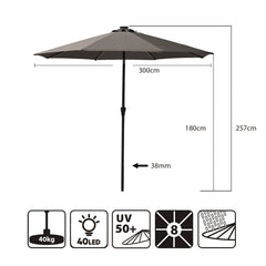 Sekey Solar-LED Sonnenschirm 300cm mit 40 LED, UV 50+, Alu-Sonnenschirm mit Kurbel Sekey