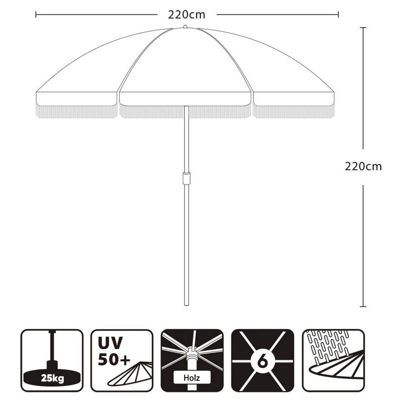 Sekey 220 cm wooden parasol with fringes, sun protection UV50+