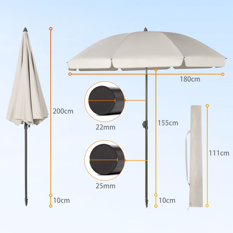 Sekey ∅ 180 cm beach umbrella with protective cover and ground sleeve, sun protection UV50+