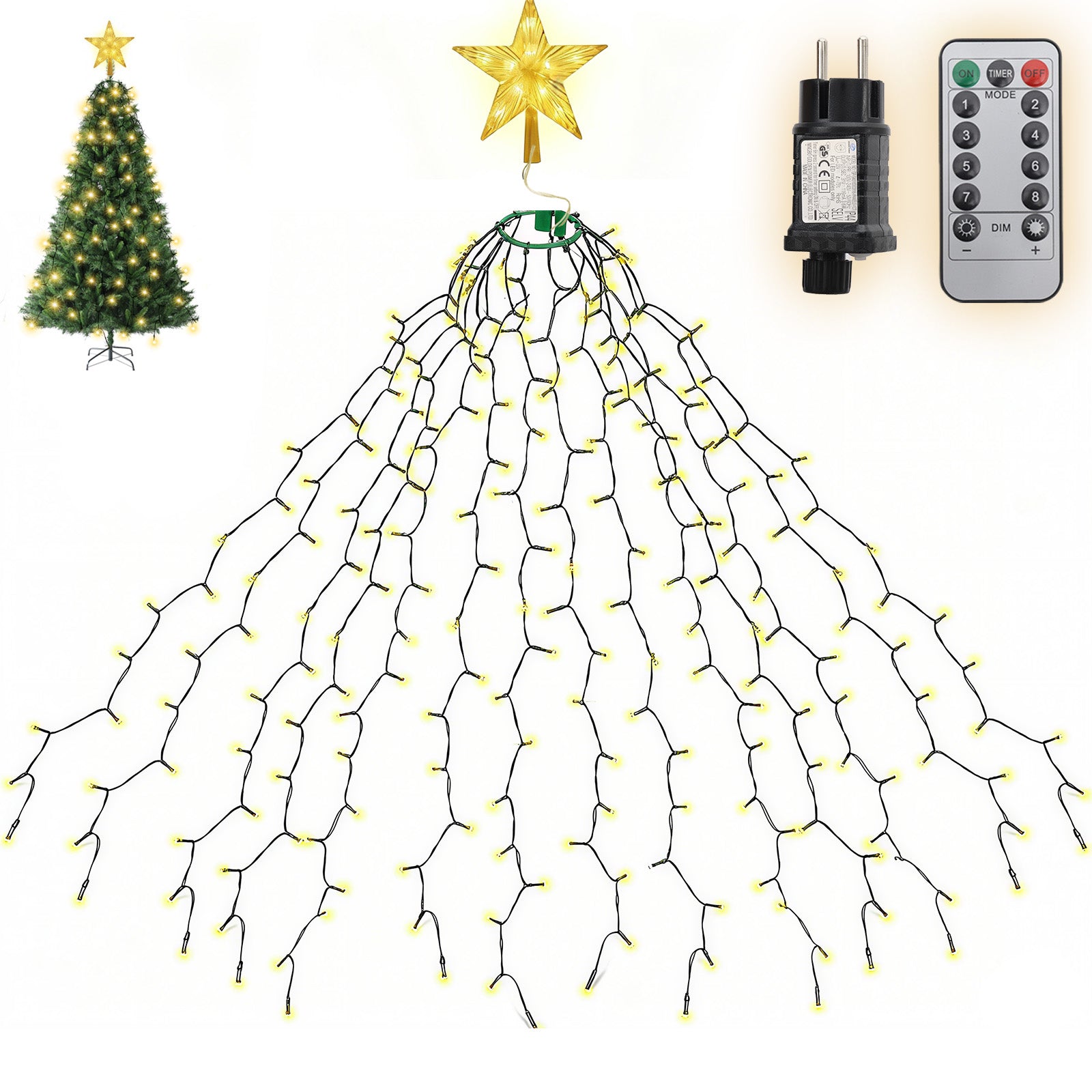 SALCAR Weihnachtsbaum Lichterkette mit Sternspitze & Fernbedienung – 1,5 m (260 LED), 2 m (430 LED) oder 3 m (500 LED) Überwurf Lichterkette, Warmweiß, 8 Modi, Timer, Innen & Außen