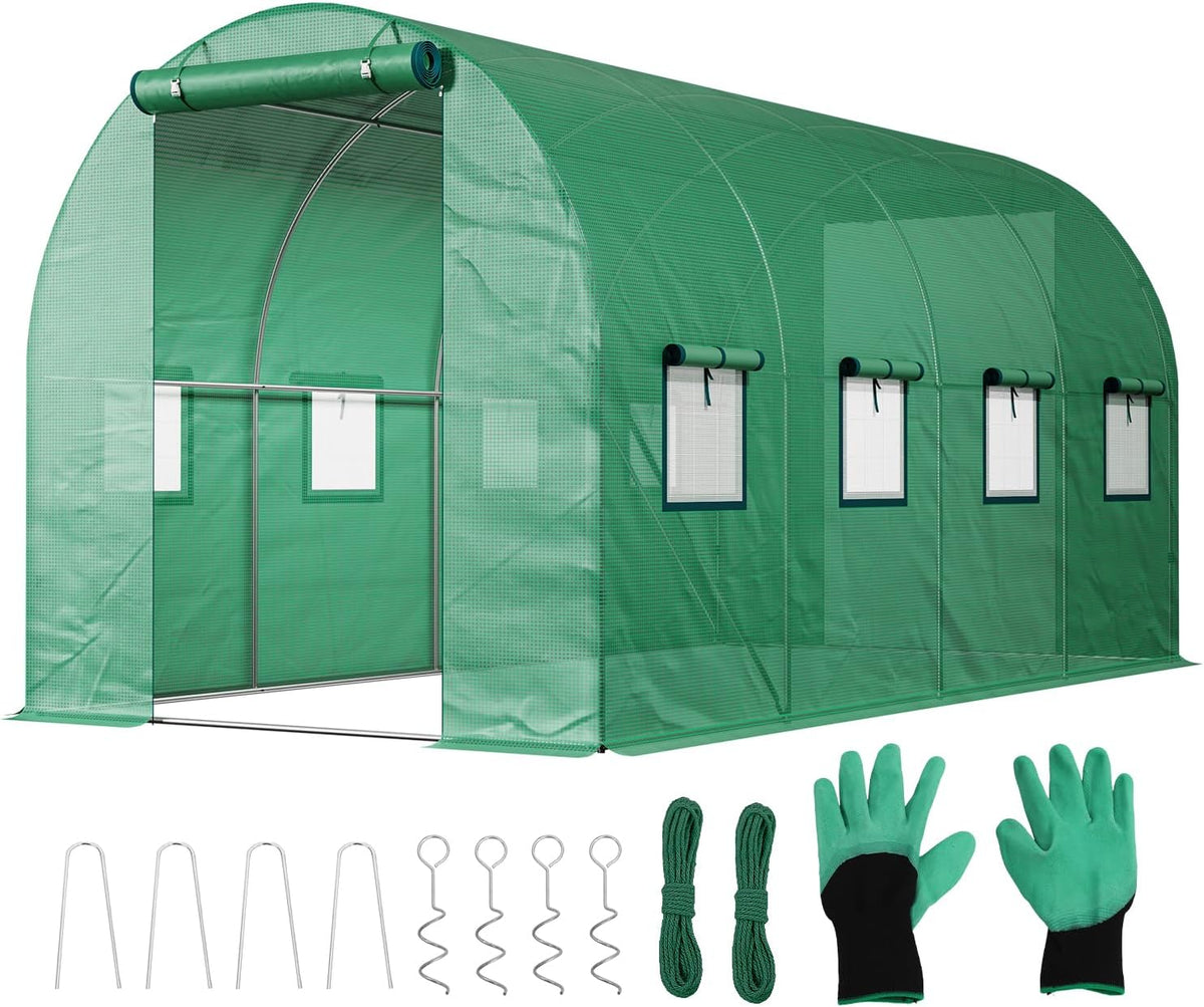 Sekey Winterfestes Foliengewächshaus 4×2×2 m – 8 m² Folientunnel aus verzinktem Stahl, 2 m Stehhöhe, 2 Türen & 8 Fenster, 140 g/m² PE-Folie inkl. Profi-Verankerung