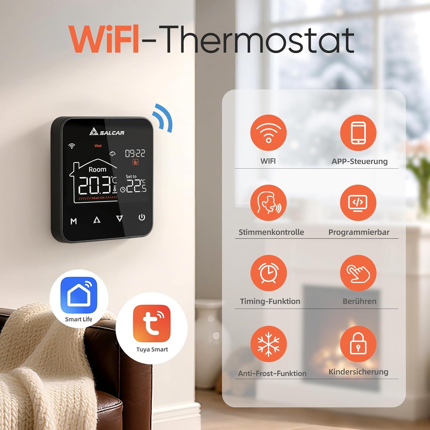 SALCAR Smart WLAN Thermostat – Programmierbarer Raumthermostat für elektrische Fußbodenheizung 230V mit LCD-Display, Tuya kompatibel (16A)