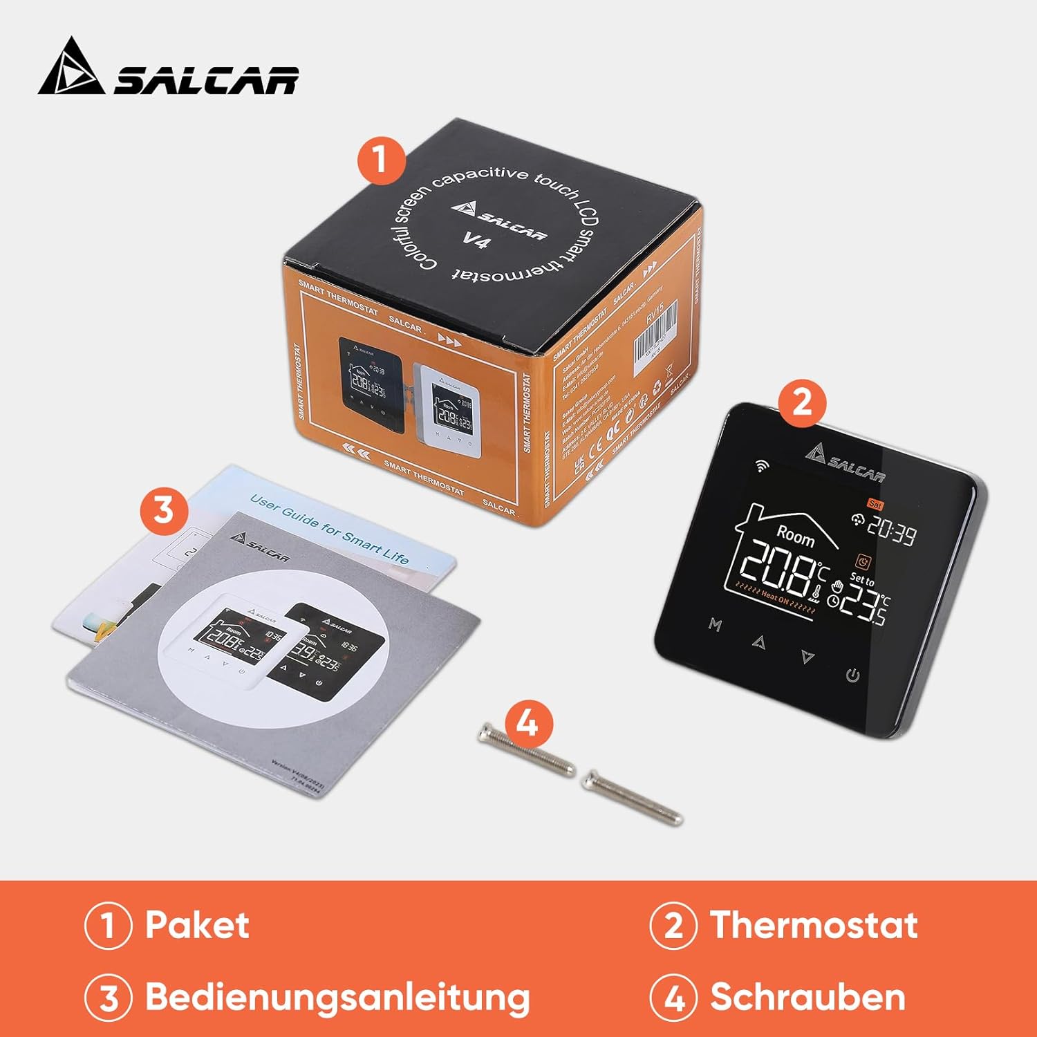 SALCAR Smart WLAN Thermostat – Programmierbarer Raumthermostat für elektrische Fußbodenheizung 230V mit LCD-Display, Tuya kompatibel (16A)