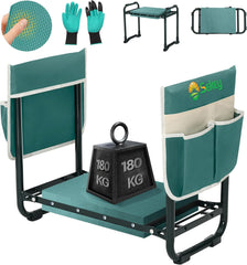 Sekey Height-Adjustable Kneeling Bench for Gardening, Load Capacity 160KG/180KG, Foldable Garden Stool with Tool Pockets, Knee Comfort for Gardening, Green