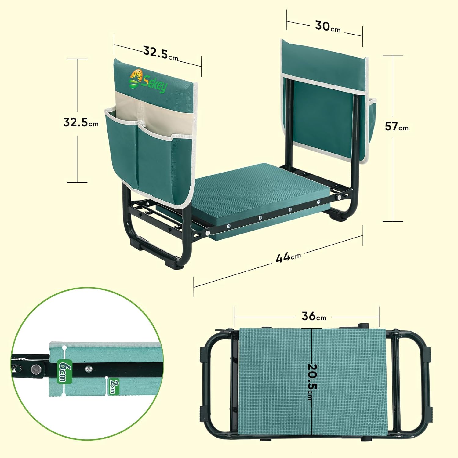 Sekey Höhenverstellbare Kniebank für Gartenarbeit Belastbarkeit 160KG/180KG, Gartenhocker Klappbar mit Werkzeugtaschen, Knie Komfort Garten, Grün