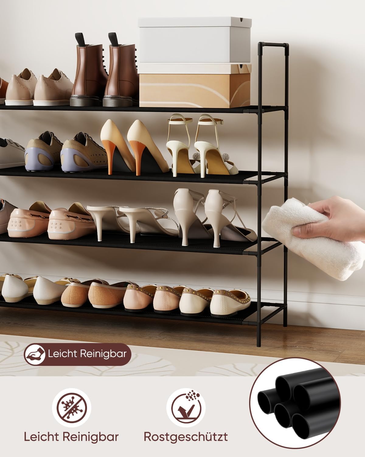 Sekey Schuhregal 3/4 Ebenen – Stapelbares Schuhregal aus Metall und Vliesstoff, platzsparend, stabil, ohne Bohren, für Flur, Schlafzimmer & Bad, Schwarz