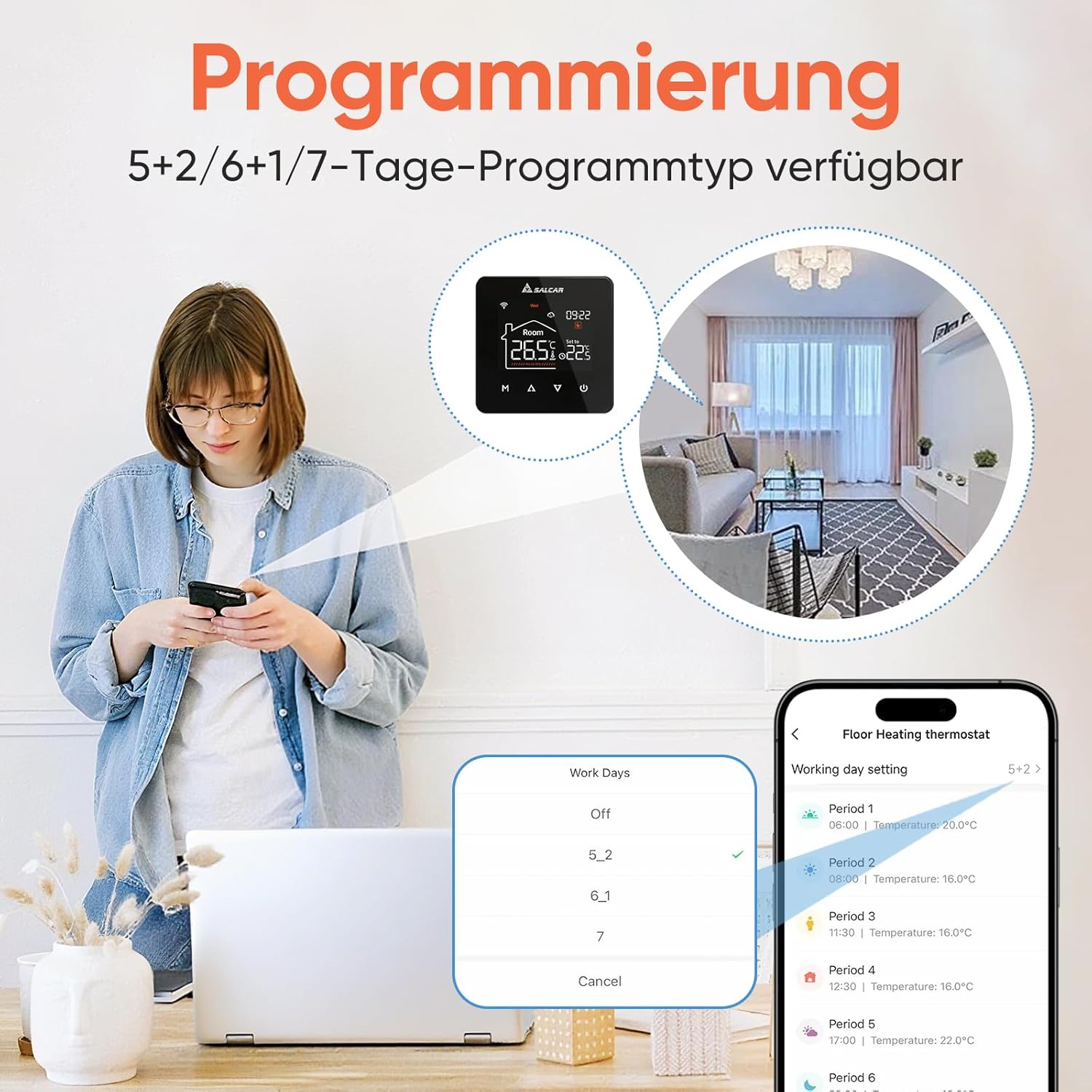 SALCAR Smart WLAN Thermostat – Programmierbarer Raumthermostat für elektrische Fußbodenheizung 230V mit LCD-Display, Tuya kompatibel (16A)