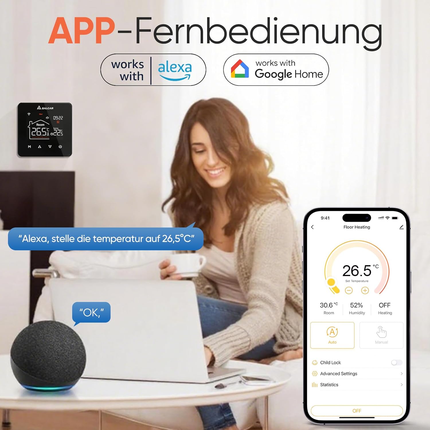 SALCAR Smart WLAN Thermostat – Programmierbarer Raumthermostat für elektrische Fußbodenheizung 230V mit LCD-Display, Tuya kompatibel (16A)