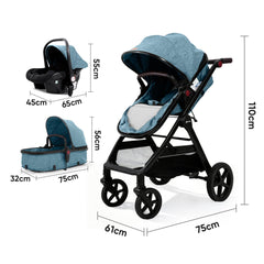 Sekey BW600 3-in-1 Kombi-Kinderwagen – Reisesystem mit Babyschale, Liegewanne & Buggy, Moskitonetz, Regenschutz, Federung, 5-Punkt-Gurt, All-Wetter Travel System 0–4 Jahre