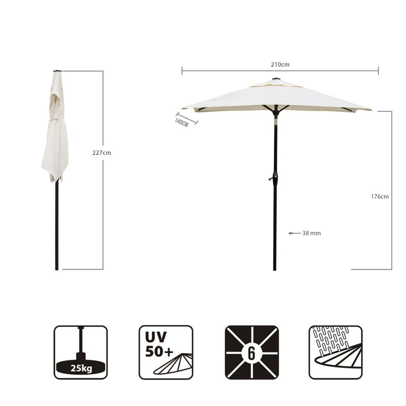 Sekey 210 x 140 cm aluminum parasol with crank, sun protection UV50+