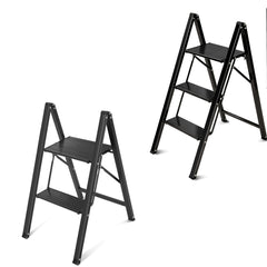 Sekey Klapptrittleiter 2 & 3 Stufen – Rutschfeste Trittleiter mit Stahlrahmen & Aluminiumstufen, TÜV & SGS geprüft, bis 150 kg, Schwarz