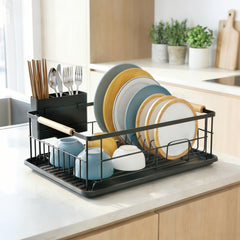 Sekey Abtropfgestell Geschirr mit Holzgriff – Platzsparender Spülen-Organizer mit Besteckablage, Schwarz & Rostfrei, Kompakter Geschirrständer für Küche