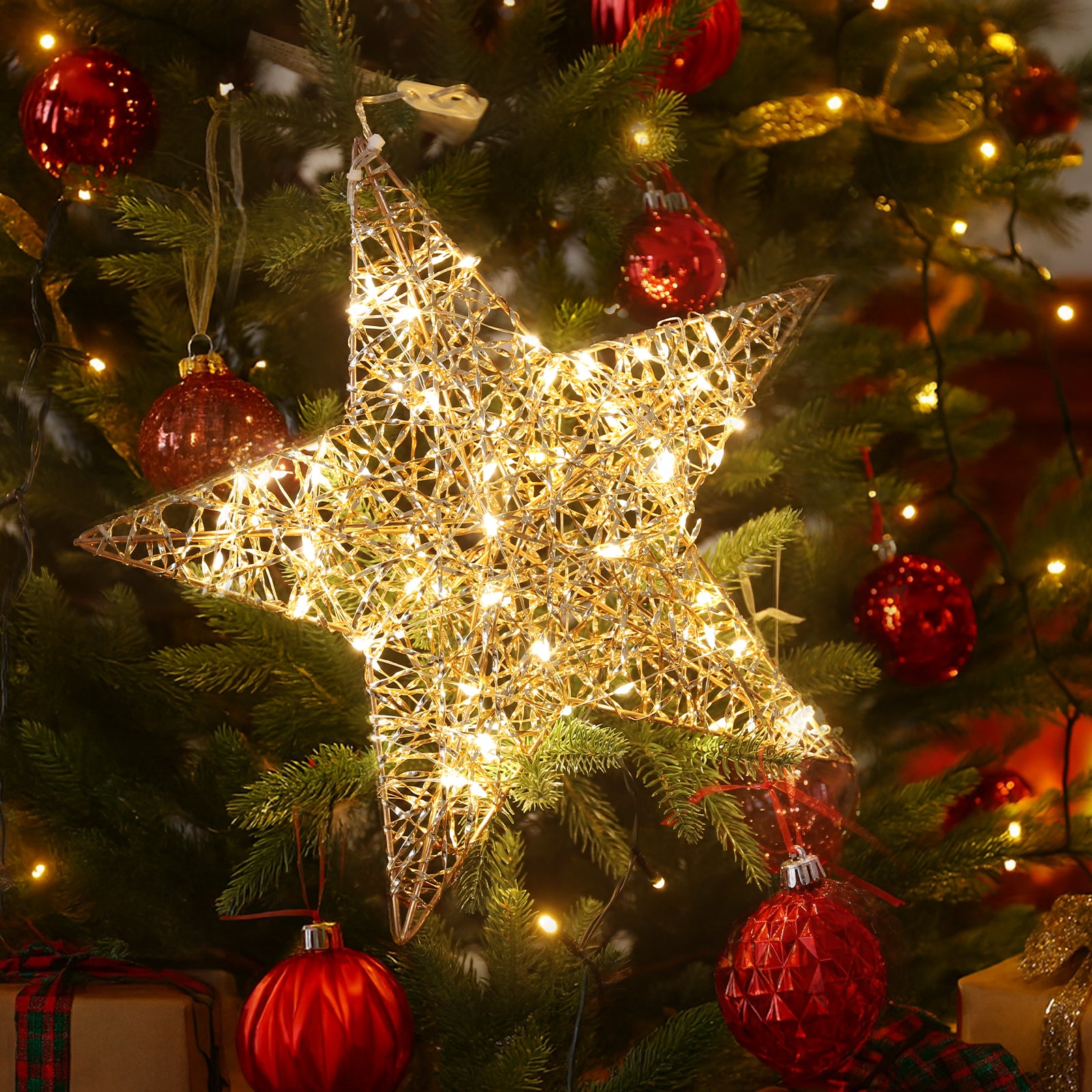 Salcar LED Stern Dekoleuchte Ø30 cm, Gold mit 80 LEDs, Batteriebetrieben, Timer & 8 Modi – Warmweiße Fenster- & Weihnachtsdeko