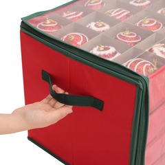 Salcar Aufbewahrungsbox für 64 Weihnachtskugeln – 4 Ebenen, Verstellbare Trennwände, Rote Faltbox 33×33×34 cm mit Sichtfenster