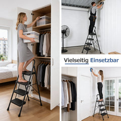 Sekey Klappbare Trittleiter 2/3/4 Stufen – Stahlrahmen, rutschfeste Trittflächen, TÜV & SGS geprüft, bis 150 kg belastbar, Schwarz