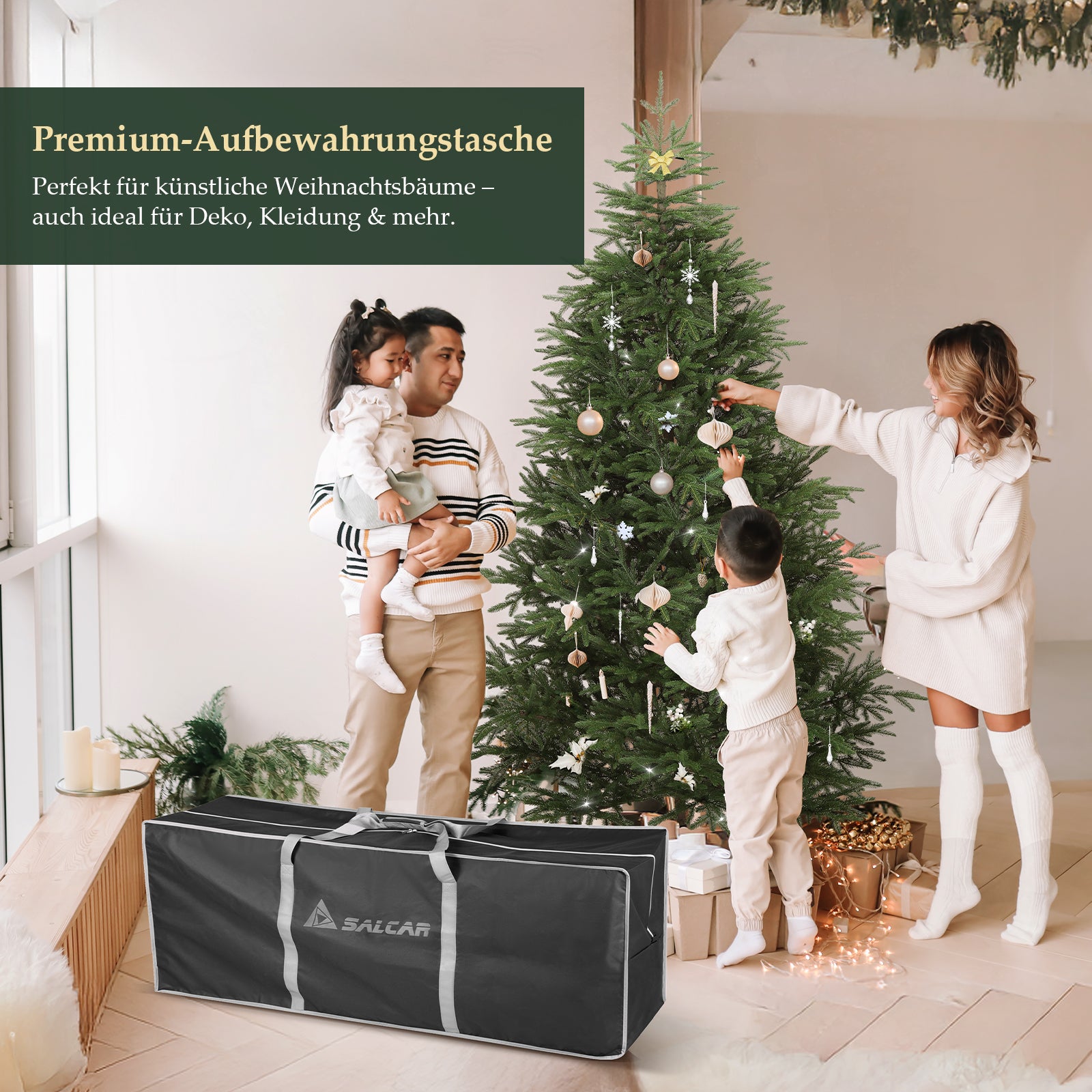 SALCAR Premium Künstlicher Weihnachtsbaum aus 100 % PE Spritzguss – Realistischer Fichtenbaum mit naturgetreuem Stamm, stabilem Holzständer und Aufbewahrungsbeutel – 180 cm / 210 cm