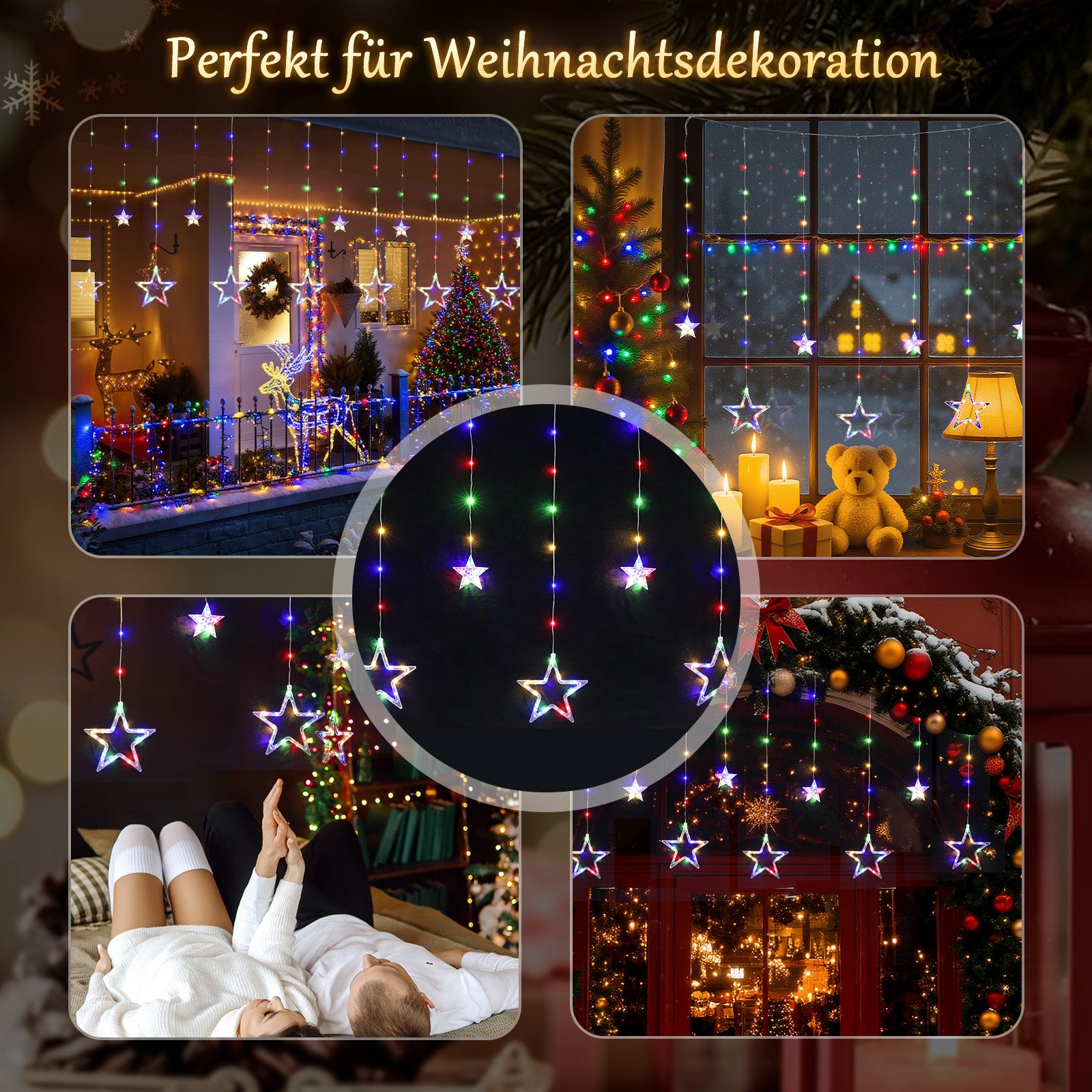 SALCAR LED Sterne Lichtervorhang, 2m 160 LEDs, 10 Sterne, 8 Modi, Timer & Memory – Weihnachtsbeleuchtung für Innen & Außen, Warmweiß/Bunt, IP44 Wasserdicht