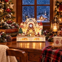 Salcar LED Weihnachtsdorf aus Holz mit Riesenrad – 27,5 cm, 12 LEDs, Batteriebetrieben, Rot & Weiß
