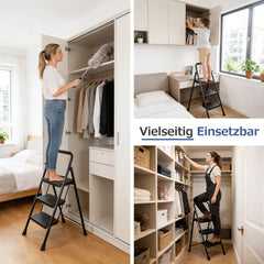 Sekey Klappbare Trittleiter 2/3/4 Stufen – Stahlrahmen, rutschfeste Trittflächen, TÜV & SGS geprüft, bis 150 kg belastbar, Schwarz