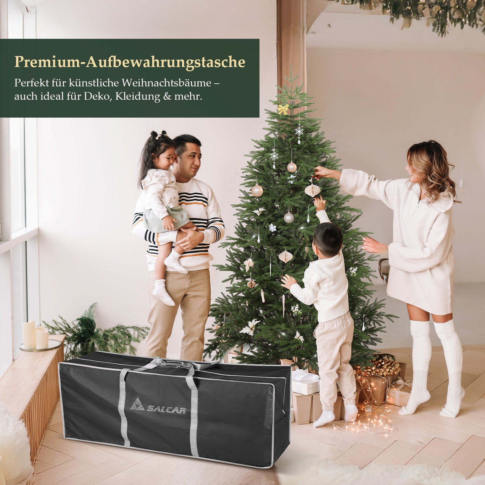 SALCAR Premium Künstlicher Weihnachtsbaum aus 100 % PE Spritzguss – Realistischer Fichtenbaum mit naturgetreuem Stamm, stabilem Holzständer und Aufbewahrungsbeutel – 180 cm / 210 cm