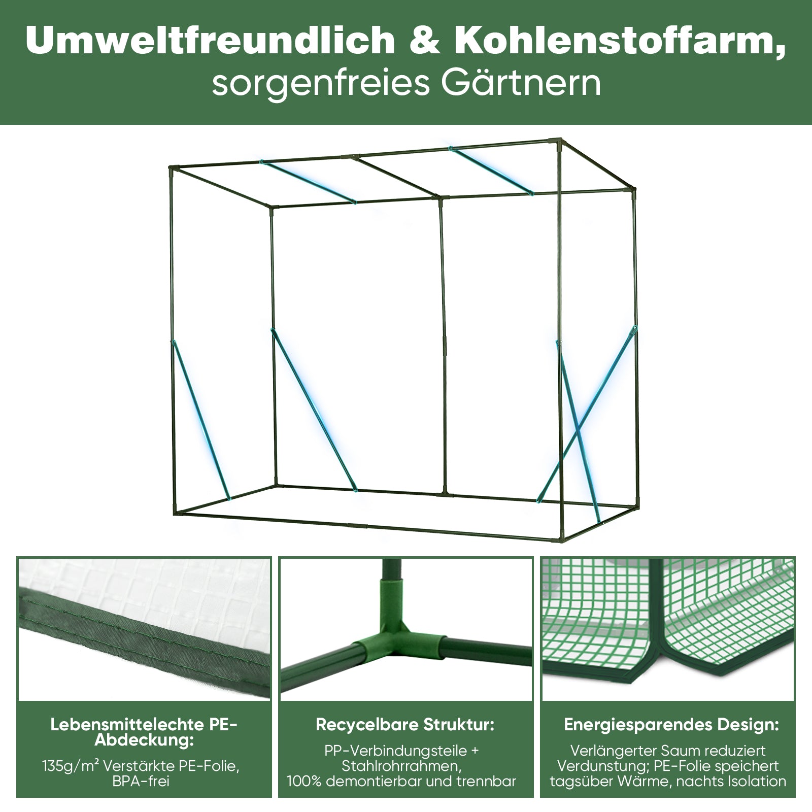 Sekey Tomatengewächshaus 200 x 170 x 77 cm – Begehbares Folien-Gewächshaus für Balkon & Garten, stabil, winterfest & UV-beständig, Grün
