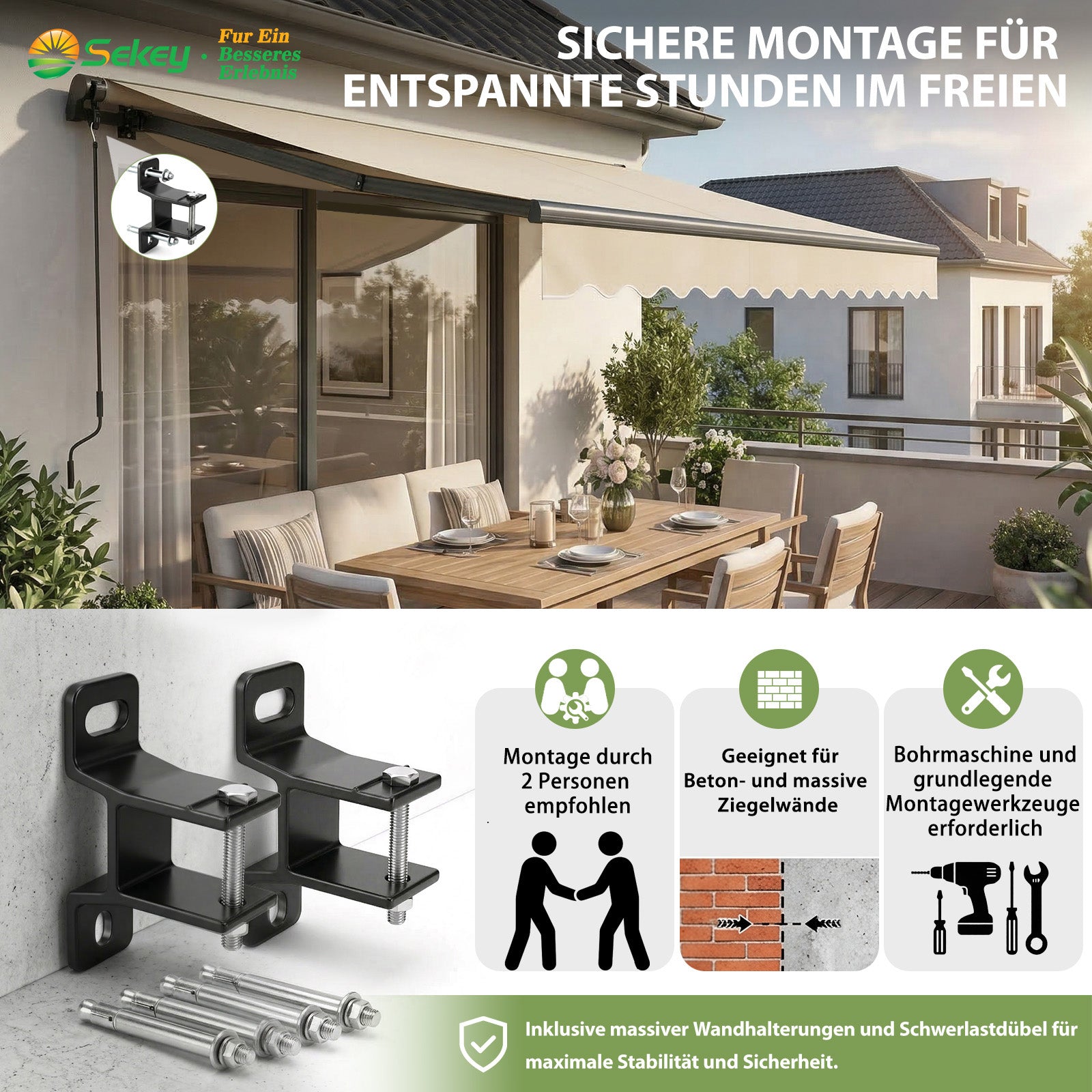 Sekey Gelenkarmmarkise 300x250 cm Beige mit Handkurbel – 0–53° stufenl – sekeymall