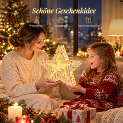 Salcar LED Weihnachtsstern aus Holz – 30 cm, 10 LEDs, Warmweiß, Glitzereffekt, Batteriebetrieb