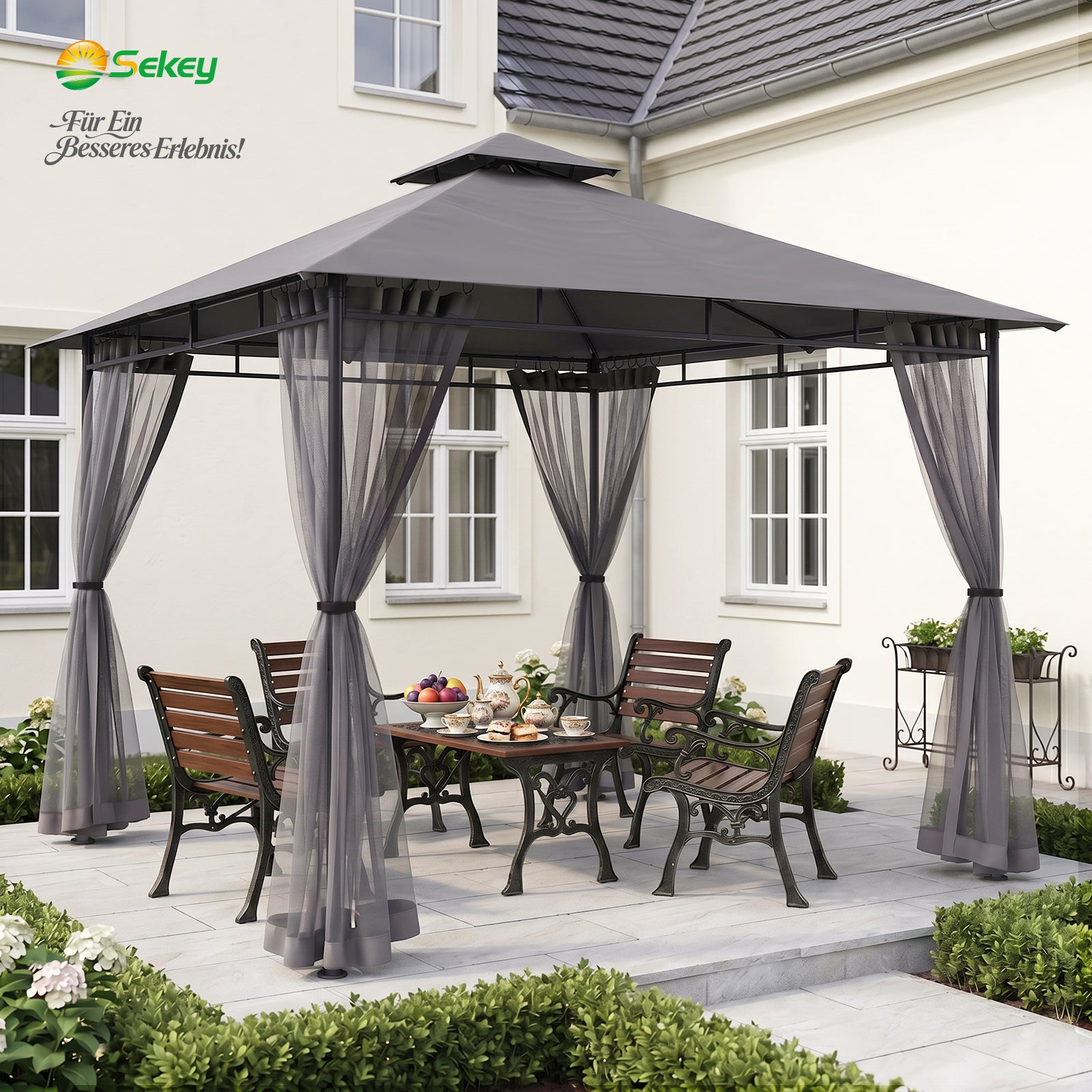 Sekey Pavillon 3x3m Wasserdicht Stabil Winterfest mit 4 Moskitonetzen – sekeymall