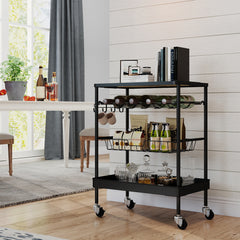 Sekey Serving Trolley with Wheels – Bar Trolley &amp; Kitchen Trolley with MDF Top, Wine Glass Holder, Hooks &amp; Drawer Basket, 360° Wheels, Handle, Rustproof – Black