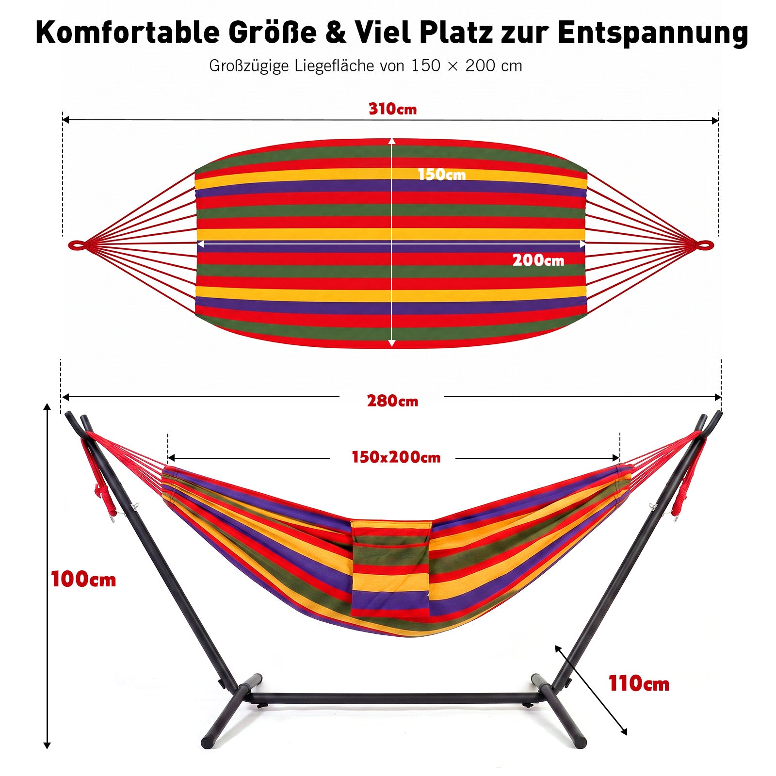 Sekey Hängematte mit Gestell – höhenverstellbare Doppelhängematte bis 200 kg, freistehend mit Stahlrahmen & 2 Tragetaschen für Garten, Balkon,