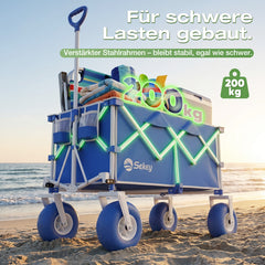 Sekey Bollerwagen faltbar mit Luftreifen 23×10 cm – Strand Bollerwagen klappbar bis 200 kg, 200L Transportwagen für Strand, Camping & Familie