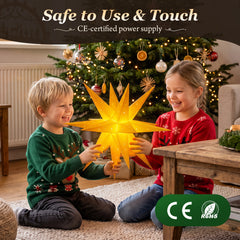 Salcar LED Papierstern – Beleuchteter 3D Weihnachtsstern Gelb mit 18 Spitzen, Warmweißes Licht, Hängende Weihnachtsdeko für Fenster & Innenbereich