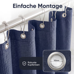 Sekey Dunkelblau Duschvorhang 180 × 200 cm, Textil Badewannenvorhang mit Waffelstruktur, Wasserabweisend & Waschbar, 100 % Polyester, mit Beschwerungsband & 12 Edelstahlringen