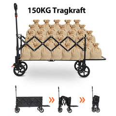 Sunula Folding Wagon 3025 with Extended Loading Area, 150 kg Load Capacity, Extra Long, with Brake, Cup Holders &amp; All-Terrain Tires – For Beach, Camping, Garden, Shopping