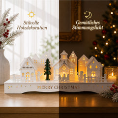 Salcar LED Schwibbogen aus Holz, 3D Weihnachtsdorf mit Kapelle, Häusern & Tannen, 10 warmweiße LEDs, Timer 6/18 Std., batteriebetriebene Weihnachtsdeko