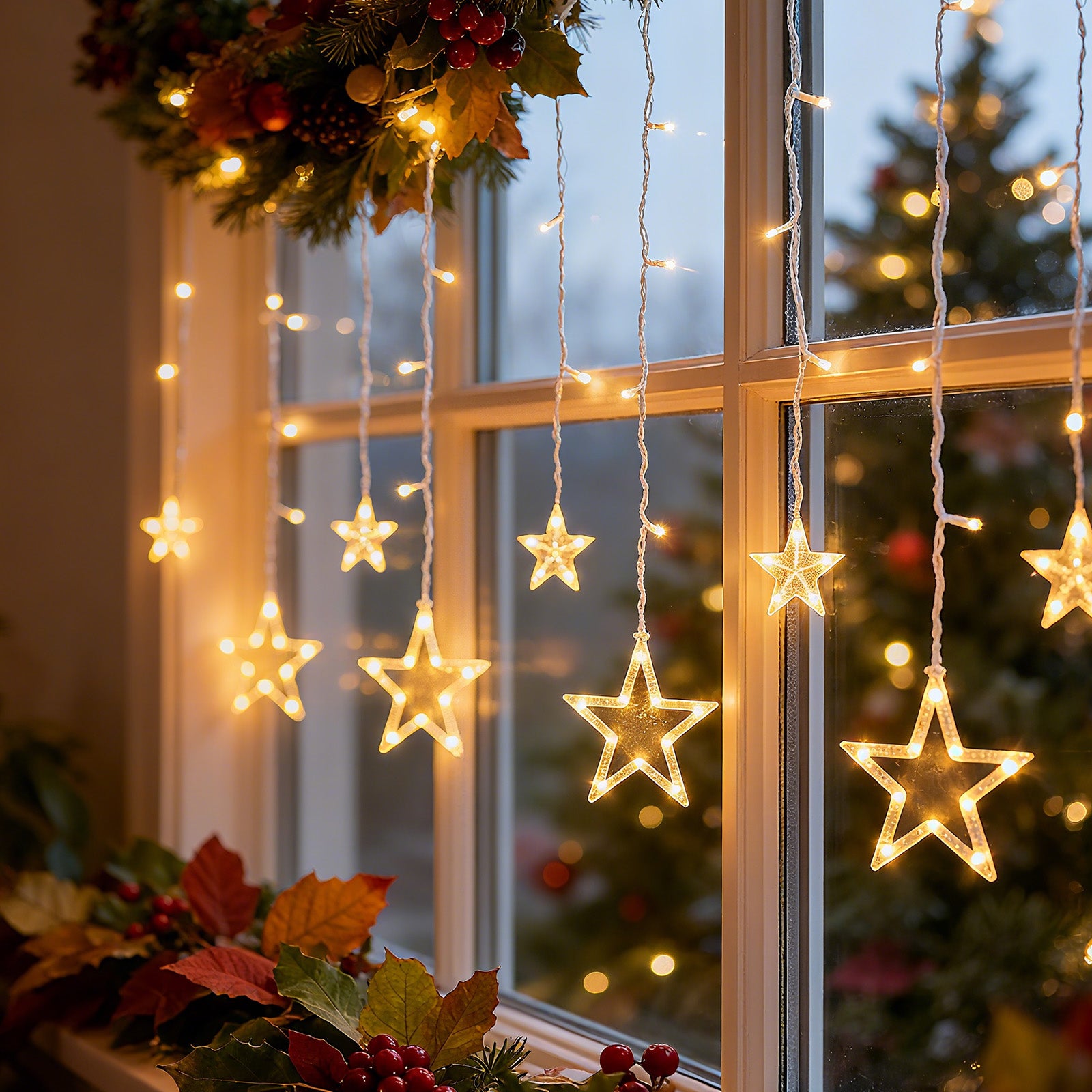 Salcar LED Sterne Lichtervorhang 1m x 1m mit 69 LEDs & 6 Sternen – Warmweiß, 8 Modi, USB, Weihnachts- & Partydeko