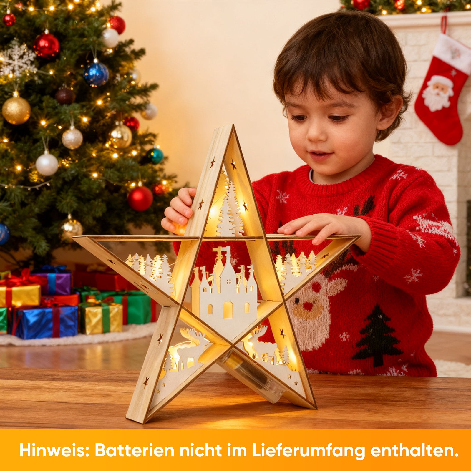 SALCAR LED Stern aus Holz 30 cm – Warmweiß leuchtende Weihnachtsdeko Tischlampe, Batteriebetrieben, Winter- & Adventsdekoration für Tisch & Fenster