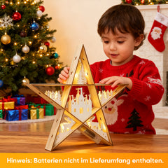 Salcar LED Stern aus Holz 30 cm – Warmweiß leuchtende Weihnachtsdeko Tischlampe, Batteriebetrieben, Winter- & Adventsdekoration für Tisch & Fenster