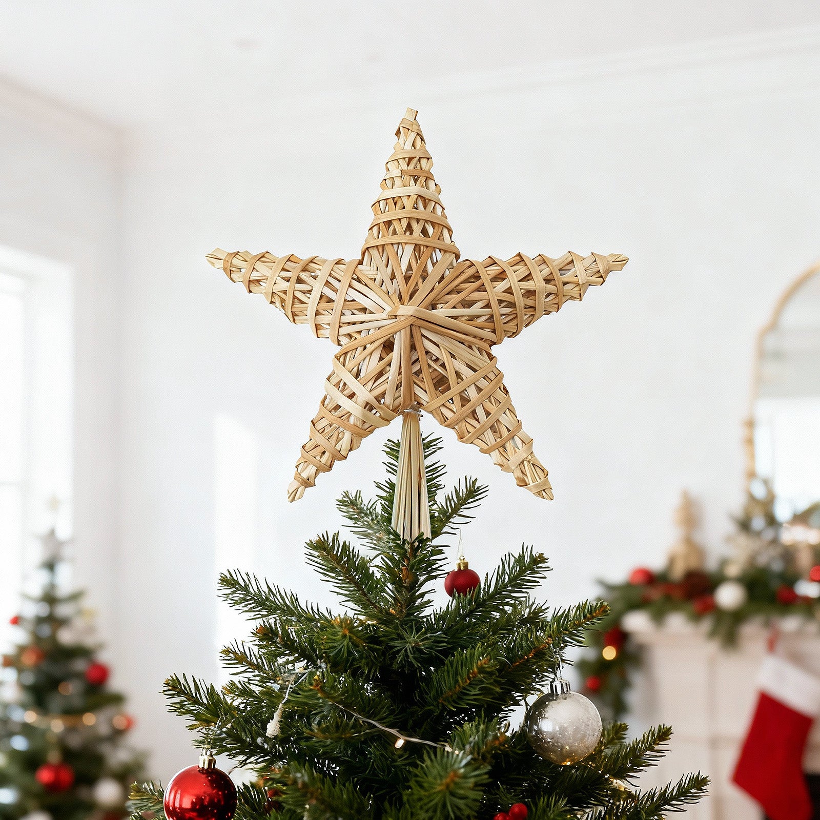 Salcar Weihnachtsbaumspitze Stern aus Naturstroh – 25 cm, 3D-Effekt – Klassischer Weihnachtsbaumschmuck, wiederverwendbar