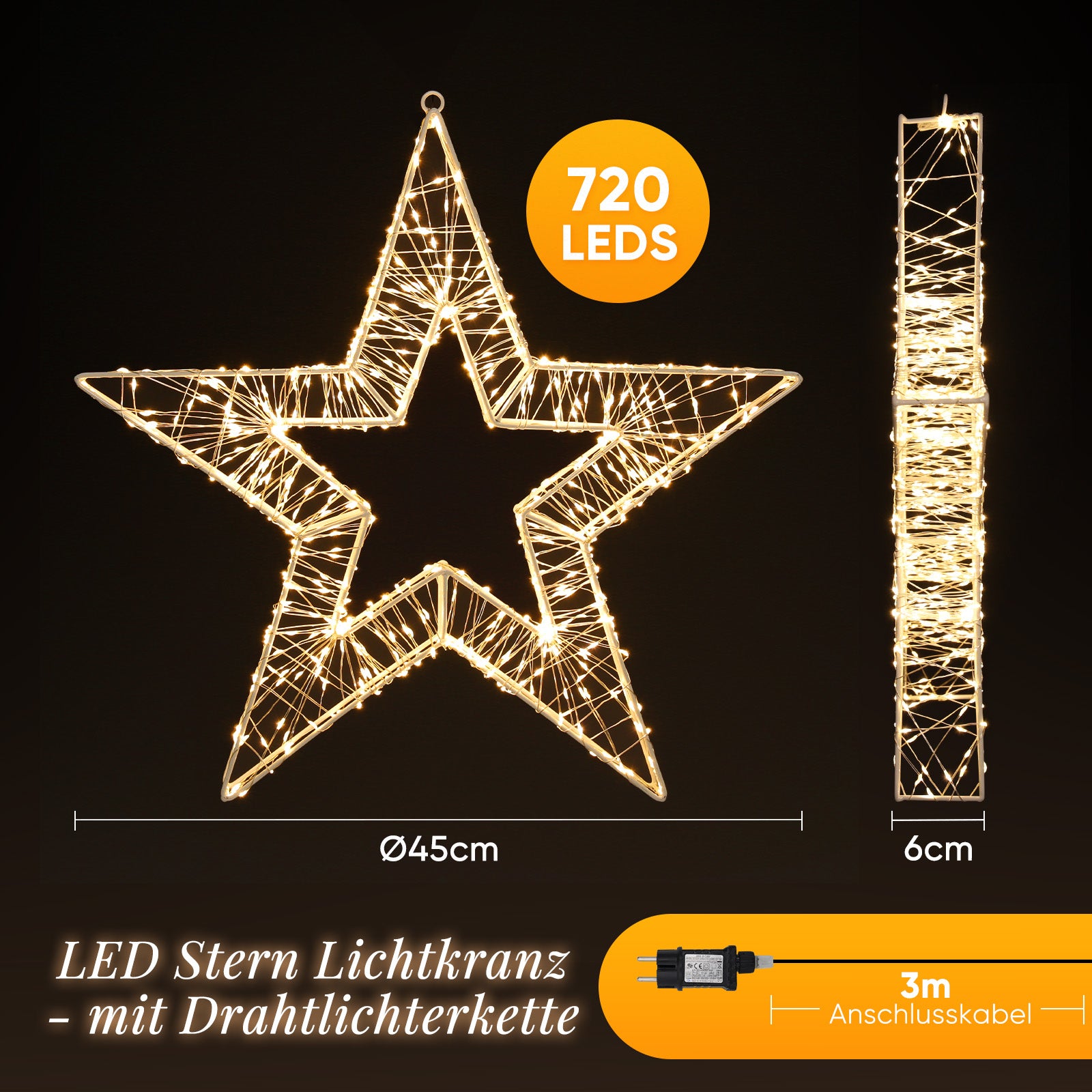 SALCAR LED Weihnachtsstern 45 cm, Metall Leuchtstern mit 720 LEDs, 8 Modi & Timer, Stern Fenster Deko, Innen & Außen, Warmweiß