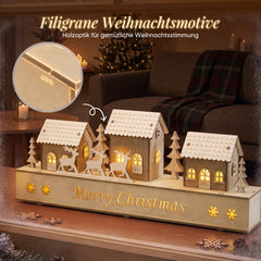 Salcar LED Schwibbogen aus Holz – 43 cm 3D Weihnachtsdorf, 8 LEDs, Batteriebetrieben, Naturholzoptik