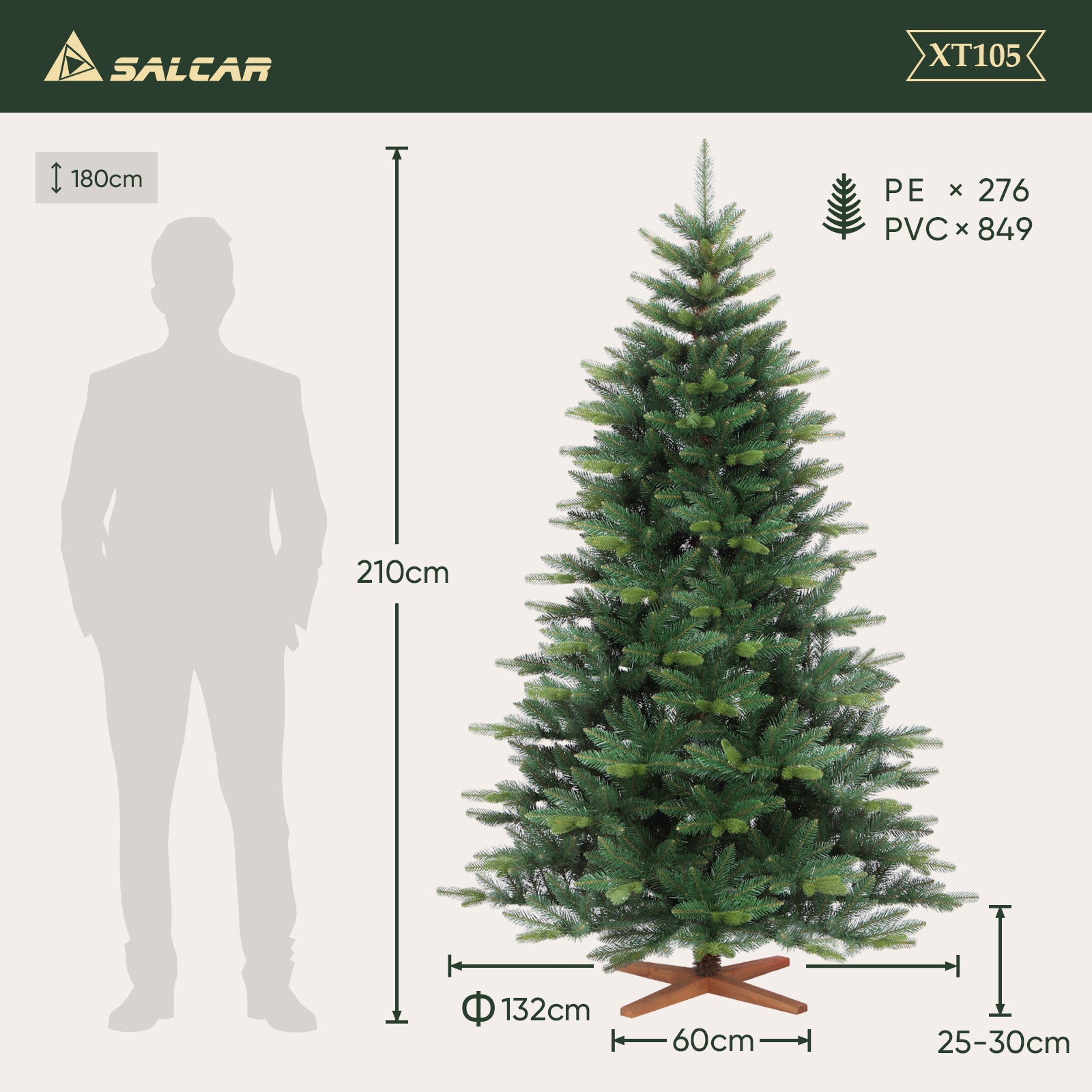 SALCAR Künstlicher Weihnachtsbaum mit Holzständer, Premium PE+PVC Tannenbaum, Realistische & Dichte Optik, Einfacher Aufbau für Innenräume